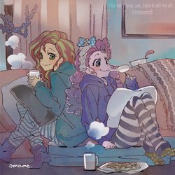 Size: 1000x1000 | Tagged: safe, artist:5mmumm5, pinkie pie, sunset shimmer, equestria girls, g4, anime, clothes, couch, cozy, mug, pillow, sweater