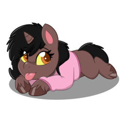 Size: 4093x4093 | Tagged: safe, artist:jcosneverexisted, oc, oc only, oc:loki ebonhoof, pony, unicorn, g4.5, my little pony: pony life, clothes, female, hoodie, looking at you, lying, prone, solo, tongue out, unshorn fetlocks