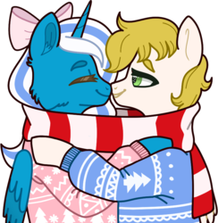 Size: 751x771 | Tagged: safe, artist:angelina-pax, oc, oc only, oc:fleurbelle, oc:golden skies, alicorn, pegasus, pony, adorabelle, alicorn oc, bow, clothes, cute, eyes closed, female, fleurden, green eyes, hair bow, holiday, horn, jumper, mare, ocbetes, pegasus oc, scarf, shared clothing, shared scarf, shipping, simple background, sweater, transparent background, winter