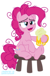 Size: 1900x2881 | Tagged: safe, artist:kuren247, pinkie pie, earth pony, pony, g4, alcohol, beer, blushing, drunk, female, frizzy hair, mug, simple background, solo, stool, transparent background, vector