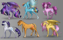 Size: 1650x1050 | Tagged: safe, artist:bootsdotexe, applejack, fluttershy, pinkie pie, rainbow dash, rarity, twilight sparkle, alicorn, earth pony, pegasus, pony, seraph, seraphicorn, unicorn, comic:beyond our borders, alternate universe, amputee, artificial wings, augmented, backwards cutie mark, braid, braided tail, colored wings, colored wingtips, female, four wings, gray background, leonine tail, mane six, mare, multiple wings, prosthetic limb, prosthetic wing, prosthetics, realistic horse legs, simple background, tail feathers, twilight sparkle (alicorn), unshorn fetlocks, wings