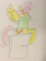 Size: 772x1034 | Tagged: safe, artist:snipiper, fluttershy, pegasus, pony, g4, blushing, but why, embarrassed, female, flutterpiss, implied pissing, sitting on toilet, solo, story included, toilet, traditional art