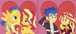 Size: 1280x585 | Tagged: safe, artist:computerboy64, flash sentry, sunset shimmer, human, pony, unicorn, equestria girls, g4, female, male, ship:flashimmer, shipping, straight