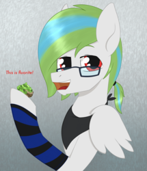 Size: 1719x1995 | Tagged: safe, artist:dyonys, oc, oc only, oc:rainfall, pegasus, pony, accessory, bust, clothes, glasses, looking at you, male, mineral, open mouth, scarf, sock, solo, stallion, text, wings