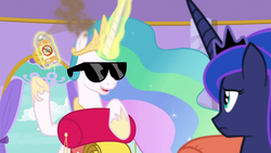 Size: 1280x720 | Tagged: safe, screencap, princess celestia, princess luna, pony, between dark and dawn, g4, sunglasses