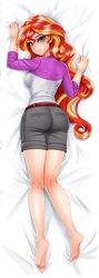Size: 354x998 | Tagged: safe, artist:racoonsan, edit, editor:thomasfan45, sunset shimmer, human, equestria girls, g4, anime, ass, ass line, barefoot, bedroom eyes, belt, blushing, body pillow, body pillow design, breasts, bunset shimmer, busty sunset shimmer, butt, camp everfree outfits, camp shorts, clothes, feet, female, hips, legs, lidded eyes, looking at you, looking back, looking back at you, looking over shoulder, sexy, sheet grab, shorts, smiling, solo, stupid sexy sunset shimmer, tomboy