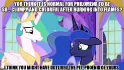 Size: 888x500 | Tagged: safe, edit, edited screencap, screencap, princess celestia, princess luna, between dark and dawn, g4, caption, image macro, implied death, implied philomena, text