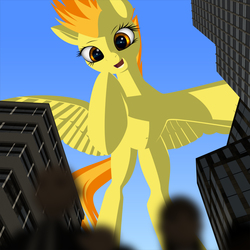 Size: 1634x1634 | Tagged: safe, artist:styroponyworks, part of a set, spitfire, pegasus, pony, g4, city, female, giant pegasus, giant pony, giant/macro spitfire, looking down, macro, open mouth, part of a series, solo