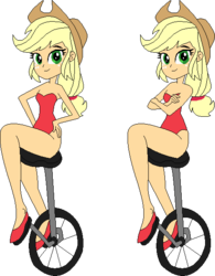 Size: 457x586 | Tagged: safe, artist:erichgrooms3, artist:selenaede, applejack, equestria girls, g4, applejack's hat, bare arms, bare shoulders, base used, clothes, cowboy hat, crossed arms, cute, female, hat, jackabetes, legs, leotard, looking at you, ponytail, sexy, shoes, simple background, sitting, smiling, solo, transparent background, unicycle, vector