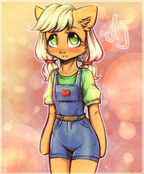 Size: 2000x2400 | Tagged: safe, artist:zefirka, applejack, earth pony, semi-anthro, g4, arm hooves, blushing, clothes, cute, female, filly, filly applejack, high res, jackabetes, little, pigtails, solo, twintails, younger