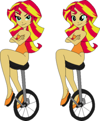 Size: 452x545 | Tagged: safe, artist:erichgrooms3, artist:selenaede, sunset shimmer, equestria girls, g4, bare arms, bare shoulders, base used, clothes, crossed arms, cute, dat boi, female, legs, leotard, raised eyebrow, sexy, shimmerbetes, shoes, simple background, sitting, smiling, smirk, solo, transparent background, unicycle, vector