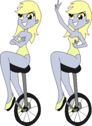Size: 399x547 | Tagged: safe, artist:erichgrooms3, artist:selenaede, derpy hooves, equestria girls, g4, alternate hairstyle, bare arms, bare shoulders, base used, big grin, clothes, crossed arms, cute, derp, female, grin, happy, legs, leotard, peace sign, raised arm, sexy, shoes, simple background, smiling, solo, this will end in tears, transparent background, unicycle, vector