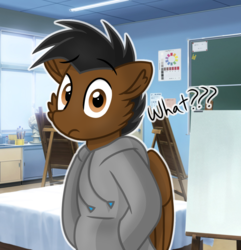 Size: 1041x1080 | Tagged: safe, artist:rainbow eevee, oc, oc only, oc:dashing thunder, pegasus, anthro, semi-anthro, clothes, hoodie, looking at you, male, room, solo, wat