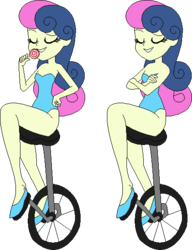 Size: 422x550 | Tagged: safe, artist:erichgrooms3, artist:selenaede, bon bon, sweetie drops, equestria girls, g4, adorabon, bare arms, bare shoulders, base used, candy, clothes, crossed arms, cute, eating, eyes closed, female, food, hand on hip, legs, leotard, licking, lollipop, sexy, shoes, simple background, sitting, smiling, solo, tongue out, transparent background, unicycle, vector