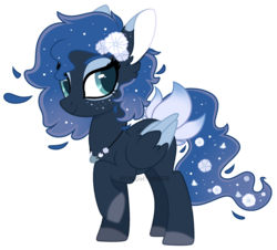 Size: 2170x1961 | Tagged: safe, artist:calibykitty, derpibooru exclusive, oc, oc only, oc:moonstone orchard, deer, deer pony, original species, peryton, pony, base used, ethereal mane, female, floppy ears, flower, flower in hair, flowing mane, flowing tail, freckles, interspecies offspring, mare, moon flowers, next generation, offspring, parent:gray forest dweller, parent:princess luna, raised hoof, simple background, solo, transparent background