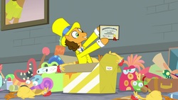 Size: 1920x1080 | Tagged: safe, screencap, cheese sandwich, earth pony, pony, g4, the last laugh, clothes, diploma, hat, male, rubber chicken, solo, stallion, suit, top hat, toy