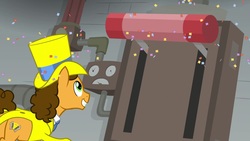 Size: 1920x1080 | Tagged: safe, screencap, cheese sandwich, earth pony, pony, g4, the last laugh, clothes, hat, lever, male, solo, stallion, suit, top hat