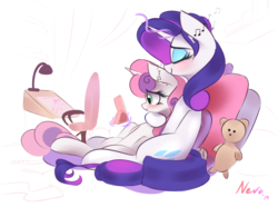 Size: 2956x2203 | Tagged: safe, artist:nevobaster, rarity, sweetie belle, pony, unicorn, g4, abstract background, airpods, chair, cute, daaaaaaaaaaaw, diasweetes, eyes closed, female, filly, high res, hug, hug from behind, ipad, lamp, levitation, magic, mare, misleading thumbnail, music notes, picture frame, plushie, sharing headphones, siblings, sisters, sitting, smiling, teddy bear, telekinesis, wholesome