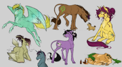 Size: 2000x1100 | Tagged: safe, artist:bootsdotexe, oc, oc only, oc:ruby cube, earth pony, pegasus, pony, unicorn, amputee, bottle, coat markings, female, flower, flower in hair, foal, goggles, gray background, leonine tail, male, mare, realistic horse legs, simple background, socks (coat markings), stallion, unshorn fetlocks
