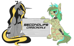 Size: 1920x1200 | Tagged: safe, artist:brainiac, derpibooru exclusive, oc, oc only, oc:knick knack, oc:piper, pony, 2020 community collab, derpibooru community collaboration, fallout equestria, carbondale, chest fluff, duo, second life, simple background, transparent background