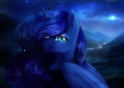 Size: 4093x2894 | Tagged: safe, artist:cottonaime, princess luna, alicorn, pony, g4, bust, female, horn, looking at you, mare, night, portrait, solo, wings