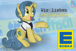 Size: 1601x1080 | Tagged: safe, artist:rainbow eevee, pony, unicorn, apron, clothes, edeka, female, freckles, german, germany, open mouth, ponified, shirt, solo, text, underhoof