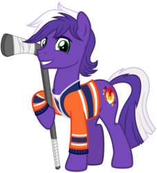 Size: 2900x3200 | Tagged: safe, artist:cheezedoodle96, oc, oc only, oc:proudy hooves, earth pony, pony, 2020 community collab, derpibooru community collaboration, .svg available, clothes, high res, hockey stick, hoof hold, jersey, looking at you, male, shirt, simple background, smiling, solo, stallion, svg, transparent background, vector