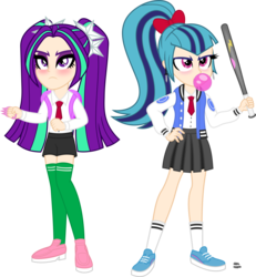 Size: 2131x2308 | Tagged: safe, artist:anime-equestria, aria blaze, sonata dusk, human, equestria girls, g4, angry, backpack, baseball bat, blushing, bow, brass knuckles, bubblegum, clenched fist, clothes, crossover, duo, eyeshadow, female, food, gum, hand on hip, high res, human coloration, jacket, makeup, miniskirt, necktie, pants, pigtails, pleated skirt, ponytail, river city girls, river city ransom, school uniform, shoes, shorts, simple background, skirt, sneakers, socks, thigh highs, thigh socks, transparent background, twintails, varsity jacket, vector, weapon