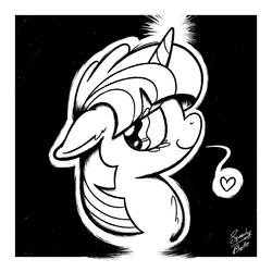 Size: 900x900 | Tagged: safe, artist:squeaky-belle, twilight sparkle, pony, unicorn, g4, black and white, eyelashes, female, grayscale, heart, mare, monochrome, signature, solo