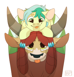 Size: 1900x2000 | Tagged: safe, artist:glitterstar2000, sandbar, yona, earth pony, pony, yak, g4, the last problem, :p, beanbrows, cute, duo, duo male and female, ear fluff, eyebrows, female, larger female, male, older, older sandbar, older yona, ponies riding yaks, quadrupedal, riding, sandabetes, sandbar riding yona, ship:yonabar, shipping, simple background, size difference, smaller male, stallion, straight, tongue out, white background, yonadorable