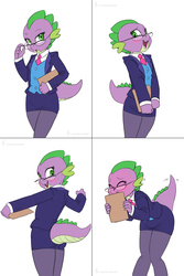 Size: 1272x1902 | Tagged: safe, artist:carnifex, spike, anthro, g4, adorkable, ass, assistant, barb, barbabetes, blushing, butt, clothes, cute, dork, female, glasses, meganekko, miniskirt, moe, pantyhose, rule 63, rule63betes, skirt, solo, suit, thighs, tights