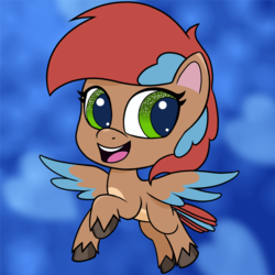 Size: 894x894 | Tagged: safe, artist:redquoz, oc, oc only, oc:allegra mazarine, bird, bird pone, pegasus, pony, g4.5, my little pony: pony life, bird tail, chibi, female, flying, hooves, looking back, mare, smiling, solo, sparkly eyes, two toned wings, wings