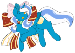 Size: 1024x725 | Tagged: safe, artist:mitsuyotsukaze, oc, oc:fleurbelle, alicorn, pony, :p, adorabelle, alicorn oc, bow, cheek fluff, chest fluff, christmas, christmas bow, cute, hair bow, holiday, horn, ocbetes, one eye closed, pretty, sweet, tongue out, wink, yellow eyes
