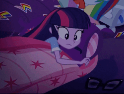 Size: 415x316 | Tagged: safe, screencap, rainbow dash, sci-twi, twilight sparkle, equestria girls, equestria girls specials, g4, my little pony equestria girls: better together, my little pony equestria girls: sunset's backstage pass, animated, cropped, earthquake, female, gif, loose hair, missing accessory, no glasses, original hair, sleeping, sleeping bag, solo focus