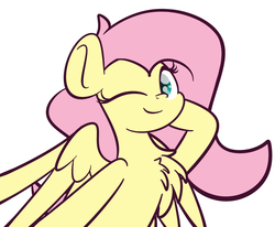 Size: 2048x1689 | Tagged: safe, artist:php142, fluttershy, pegasus, pony, g4, chest fluff, commission, cute, female, looking at you, mare, one eye closed, shyabetes, simple background, solo, spread wings, white background, wings, wink, ych example, your character here
