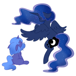 Size: 3000x3000 | Tagged: safe, artist:dreamdroplets, artist:pollyroid, princess luna, alicorn, pony, g4, age progression, blank flank, duality, ethereal mane, facing away, female, filly, floppy ears, high res, mare, self ponidox, simple background, sitting, solo, spread wings, starry mane, transparent background, unicorn luna, wings, woona, younger