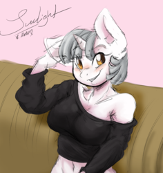 Size: 1023x1082 | Tagged: safe, artist:maximus, oc, oc only, oc:sunlight stellaris, unicorn, anthro, belly button, clothes, female, midriff, off shoulder, off shoulder sweater, short shirt, solo, sweater
