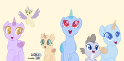 Size: 3000x1478 | Tagged: safe, artist:doraair, spike, oc, oc only, alicorn, dragon, pony, base, flying, looking up, simple background, smiling