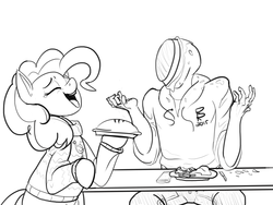 Size: 1600x1200 | Tagged: safe, artist:riggyrag, pinkie pie, oc, oc:anon, earth pony, human, pony, g4, black and white, cake, clothes, eyes closed, female, food, food fight, grayscale, holiday, laughing, male, mare, monochrome, napkin, pants, pie, pied, plate, pullover, signature, simple background, sitting, sweater, table, thanksgiving, white background