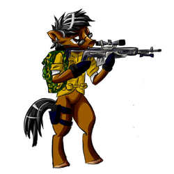 Size: 512x512 | Tagged: safe, artist:fizzyrox, oc, oc only, pony, backpack, bipedal, clothes, glasses, gun, one eye closed, rifle, simple background, solo, weapon, white background