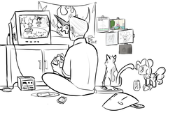 Size: 1600x1200 | Tagged: safe, artist:riggyrag, pinkie pie, cat, earth pony, human, pony, g4, animal crossing, black and white, controller, drawing, female, gamecube, grayscale, mare, monochrome, plushie, self portrait, signature, simple background, sitting, television, video game, white background