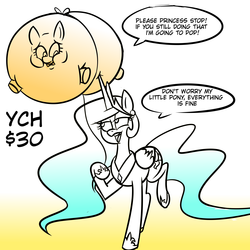 Size: 3000x3000 | Tagged: safe, artist:metalface069, princess celestia, balloon pony, earth pony, pony, unicorn, g4, air inflation, commission, floating, high res, horn, horn poke, imminent popping, inflation, string, worried, ych sketch, your character here