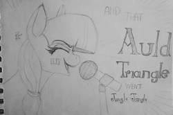 Size: 2391x1592 | Tagged: safe, artist:riggyrag, oc, oc only, oc:riggy, pony, black and white, eyes closed, grayscale, holiday, lyrics, microphone, monochrome, saint patrick's day, signature, simple background, singing, sketch, solo, song reference, text, traditional art, white background