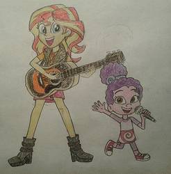 Size: 886x902 | Tagged: safe, artist:jebens1, sunset shimmer, equestria girls, equestria girls series, g4, barely eqg related, bubble guppies, clothes, converse, crossover, geode of empathy, guitar, magical geodes, microphone, musical instrument, nick jr., nickelodeon, shoes, singing, zooli
