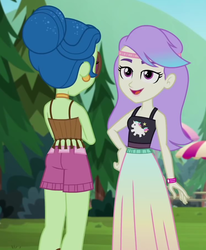 Size: 742x899 | Tagged: safe, screencap, laurel jade, snow flower, equestria girls, equestria girls specials, g4, my little pony equestria girls: better together, my little pony equestria girls: sunset's backstage pass, ass, butt, clothes, cropped, dress, duo, duo female, ear piercing, earring, female, hair bun, halter top, headband, jewelry, laurel booty, long skirt, midriff, outdoors, piercing, pine tree, shorts, skirt, sleeveless, tank top, tree, umbrella