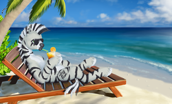 Size: 1449x879 | Tagged: safe, artist:lemurlemurovich, oc, oc only, oc:simon jarrett, pony, zebra, beach, beach chair, chair, drink, drinking, drinking straw, male, ocean, palm tree, sitting, solo, sunglasses, tree, water