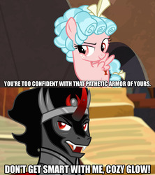 Size: 1280x1440 | Tagged: safe, edit, edited screencap, screencap, cozy glow, king sombra, pegasus, pony, g4, the beginning of the end, caption, crown, curved horn, female, filly, horn, jewelry, male, meme, open mouth, regalia, stallion, text