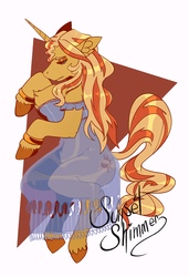 Size: 3900x5700 | Tagged: safe, artist:abelsrequiem, sunset shimmer, pony, unicorn, semi-anthro, g4, abstract background, arm hooves, chest fluff, clothes, dress, female, lidded eyes, see-through, solo