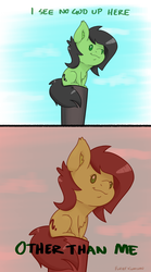 Size: 2050x3700 | Tagged: safe, artist:kumakum, oc, oc only, oc:filly anon, earth pony, pony, comic, female, filly, high res, i see no god up here other than me, sitting, smiling, solo
