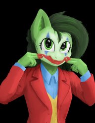 Size: 1671x2173 | Tagged: safe, artist:kumakum, oc, oc only, oc:filly anon, earth pony, anthro, arthur fleck, clothes, face paint, female, joker (2019), looking at you, makeup, shirt, smiling, solo, the joker